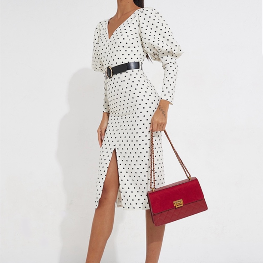 Little Mistress long puff sleeve belted midi in cream Polka Dot Dress